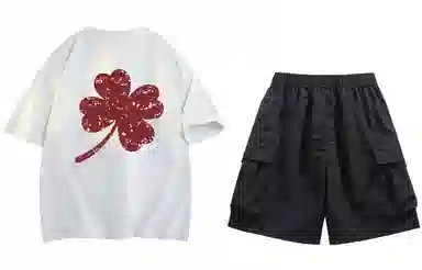 大卫贝肯 ×贝肯熊 联名款 幸运四叶草打碎字母印花透气圆领短袖手写撞色工装五分裤休闲运动套装 男女同款