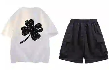 大卫贝肯 ×贝肯熊 联名款 幸运四叶草打碎字母印花透气圆领短袖手写撞色工装五分裤休闲运动套装 男女同款