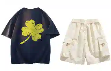 大卫贝肯 ×贝肯熊 联名款 幸运四叶草打碎字母印花透气圆领短袖手写撞色工装五分裤休闲运动套装 男女同款