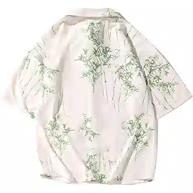 零氏 清心竹植物花卉印花图案透气翻领纽扣国潮中国风短袖短裤运动-套衬衫套装 男女同款