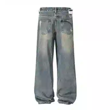 大卫贝肯 美式复古高街风水洗磨破设计舒适亲肤透气直筒长裤通勤百搭垂感休闲中腰宽松破洞牛仔裤 男女同款