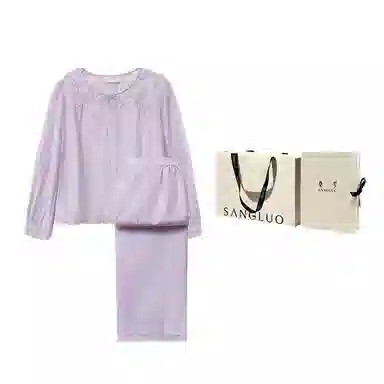 桑罗 丝棉睡衣套装自带胸垫防凸点长袖内衣 女款 礼盒装