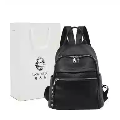 老人头 时尚休闲百搭简约通勤学生上课上班旅行背包 头层牛皮 双肩包 女款 黑色