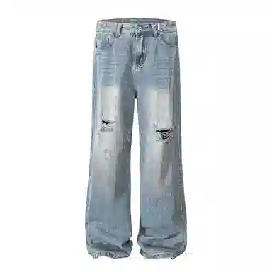 大卫贝肯 美式复古高街风水洗磨破设计舒适亲肤透气直筒长裤通勤百搭垂感休闲中腰宽松破洞牛仔裤 男女同款