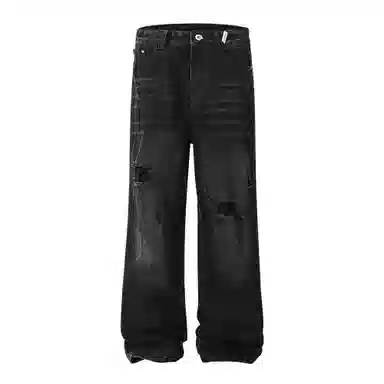 大卫贝肯 美式复古高街风水洗磨破设计舒适亲肤透气直筒长裤通勤百搭垂感休闲中腰宽松破洞牛仔裤 男女同款