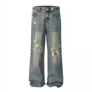 大卫贝肯 美式复古高街风水洗磨破设计舒适亲肤透气直筒长裤通勤百搭垂感休闲中腰宽松破洞牛仔裤 男女同款