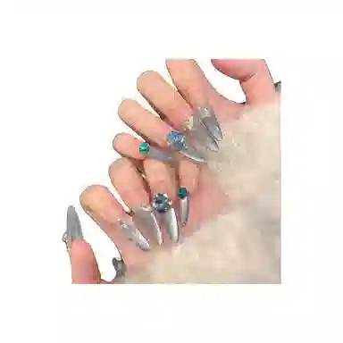 柚予颜 海蓝宝多瑙河  穿戴甲 长款蓝色渐变 纯欲 纯手工 法式侧光猫眼小碎钻爆闪