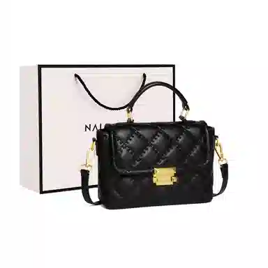 纳兰杜 小香风菱格时尚百搭精致优雅大方通勤 牛皮拼合成革 单肩斜挎手提包 中号 女款 米白色/子夜黑