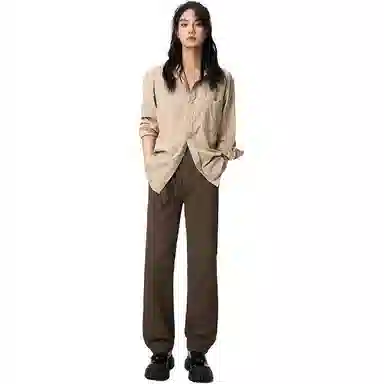 欧迪芬 纯色简约经典基础款设计褶皱宽松直筒西装裤 女款