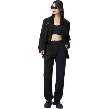 欧迪芬 纯色简约经典基础款设计褶皱宽松直筒西装裤 女款