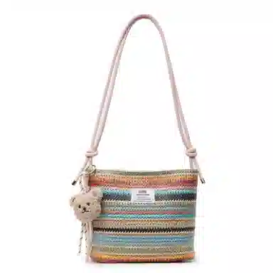 科物酷 超火小众高颜值多巴胺彩色编织包百搭轻便休闲外出度假沙滩水桶包 草编 斜挎单肩包 男女同款情侣款 白色/蓝色