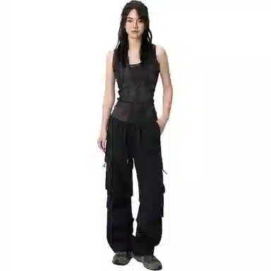 欧迪芬 美式潮流高街复古褶皱街头时尚宽松直筒工装裤 女款