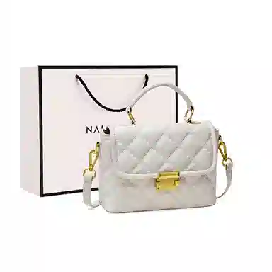 纳兰杜 小香风菱格时尚百搭精致优雅大方通勤 牛皮拼合成革 单肩斜挎手提包 中号 女款 米白色/子夜黑