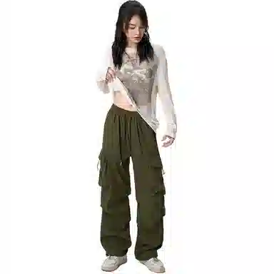 欧迪芬 美式潮流高街复古褶皱街头时尚宽松直筒工装裤 女款