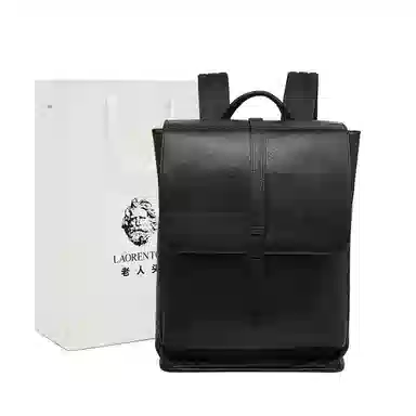 老人头 潮流休闲通勤大容量上课上班早八背包 头层牛皮 双肩包 男款 黑色