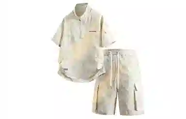 王者荣耀 标语款 美式复古扎染万针刺绣半拉链短袖上衣宽松舒适高街设计感高级感工装五分短裤休闲运动套装 男女同款