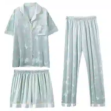 夏芬妍 甜美休闲高级感蝴蝶满印冰丝翻领家居服舒适亲肤宽松短袖三件套可外穿睡衣套装 女款