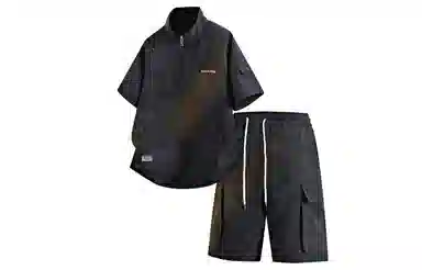 王者荣耀 标语款 美式复古扎染万针刺绣半拉链短袖上衣宽松舒适高街设计感高级感工装五分短裤休闲运动套装 男女同款