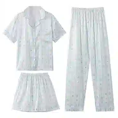 夏芬妍 可爱舒适卡通条纹小熊冰丝翻领家居服亲肤休闲短袖三件套时尚可外穿睡衣套装 女款