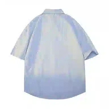 颂希尔 美式复古条纹衬衣潮流宽松休闲翻领外套上衣高街痞帅百搭短袖衬衫 男女同款