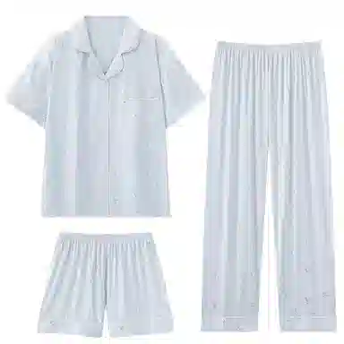 夏芬妍 甜美休闲高级感烫银蝴蝶结冰丝翻领带胸垫家居服舒适亲肤宽松短袖三件套可外穿睡衣套装 女款