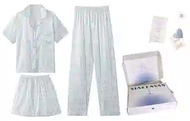 夏芬妍 可爱舒适卡通条纹小熊冰丝翻领家居服亲肤休闲短袖三件套时尚可外穿睡衣套装 女款