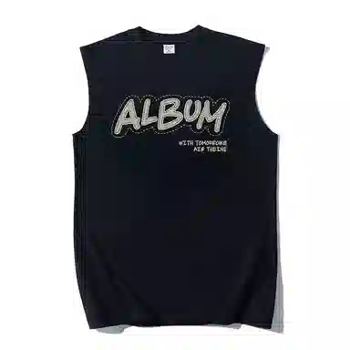 乱步 夏日美式虚线字母凉感无袖背心创意个性宽松慵懒设计纯棉青少年学生上衣 男女同款