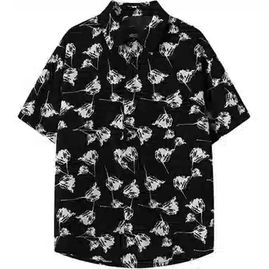 零氏 美式复古玫瑰满印宽松翻领冰感顺滑简约冰丝凉感垂感宽松高街简约衫衬衫 男女同款