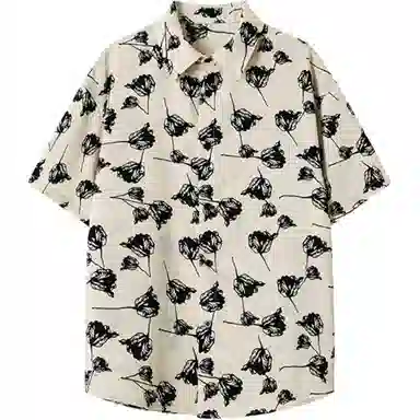 零氏 美式复古玫瑰满印宽松翻领冰感顺滑简约冰丝凉感垂感宽松高街简约衫衬衫 男女同款