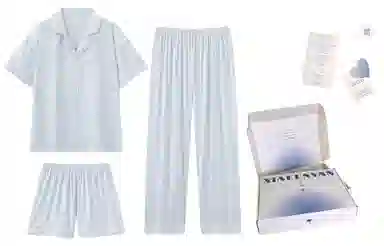 夏芬妍 甜美休闲高级感烫银蝴蝶结冰丝翻领带胸垫家居服舒适亲肤宽松短袖三件套可外穿睡衣套装 女款