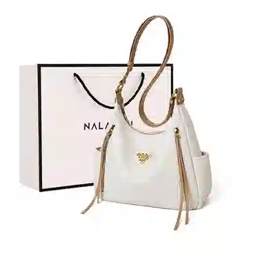 纳兰杜 高级感时尚潮流百搭 牛皮 单肩包 大号 女款 米白拼杏色