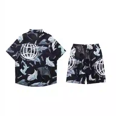 零氏 夏季宽松潮牌流行短袖两件套印花休闲翻领衬衣沙滩裤衬衫套装 男女同款