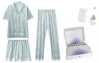 夏芬妍 甜美休闲高级感蝴蝶满印冰丝翻领家居服舒适亲肤宽松短袖三件套可外穿睡衣套装 女款