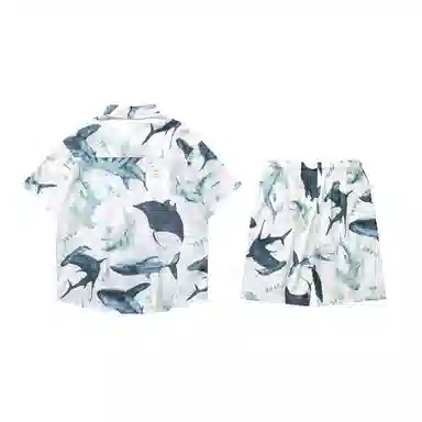 零氏 夏季宽松潮牌流行短袖两件套印花休闲翻领衬衣沙滩裤衬衫套装 男女同款