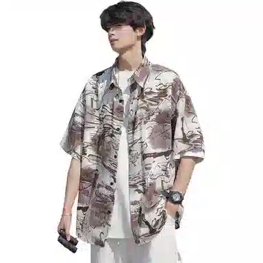 零氏 美式基础简约高街潮牌时尚个性扎染学院风翻领冰丝凉感日常运动百搭青春流行痞帅少年感舒适百搭柔软亲肤休闲短袖衬衫 男女同款