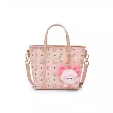 老人头 复古通勤休闲百搭时尚猫咪印花菜篮子 合成革 单肩斜挎手提包 常规 女款 棕色/粉色