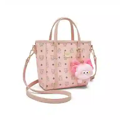 老人头 复古通勤休闲百搭时尚猫咪印花菜篮子 合成革 单肩斜挎手提包 常规 女款 棕色/粉色