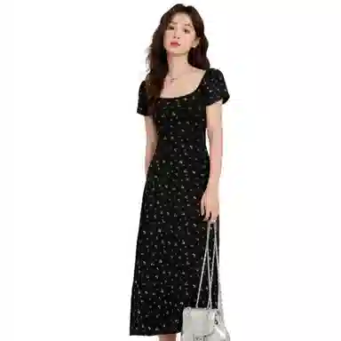玉儿恋 茶歇法式碎花气质长裙短袖连衣裙 女款 黑色