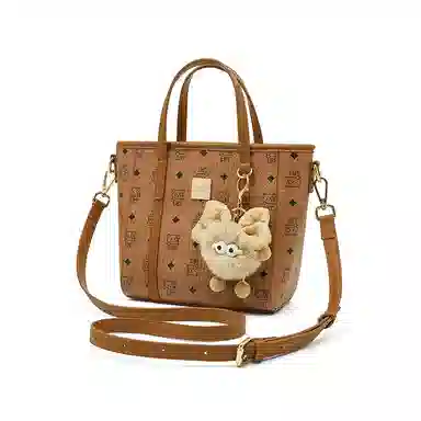 老人头 复古通勤休闲百搭时尚猫咪印花菜篮子 合成革 单肩斜挎手提包 常规 女款 棕色/粉色