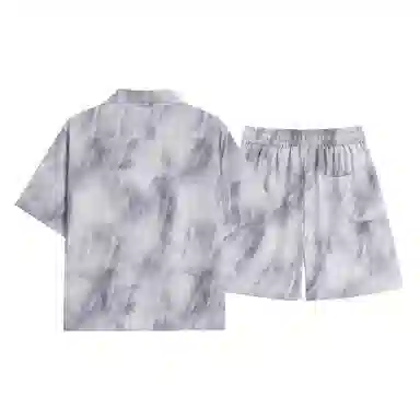 大卫贝肯 美式复古高品质重磅潮流薄款冰丝油墨晕染斑驳设计感格子百搭翻领落肩短袖衬衫搭基础款五分裤宽松休闲运动套装 男女同款