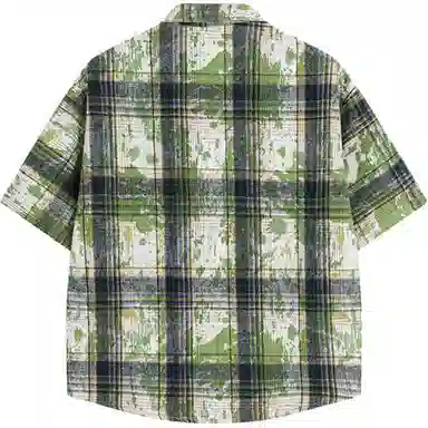 零氏 美式复古扎染刺绣格子薄款宽松休闲高级感痞帅短袖衬衫 男女同款