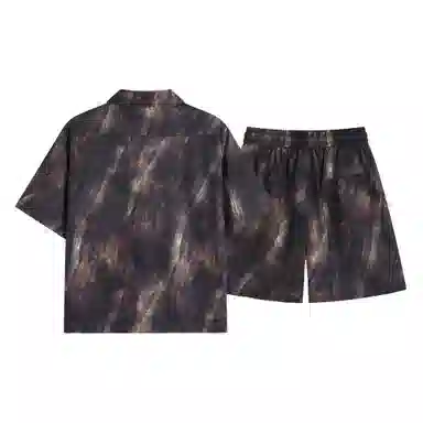 大卫贝肯 美式复古高品质重磅潮流薄款冰丝油墨晕染斑驳设计感格子百搭翻领落肩短袖衬衫搭基础款五分裤宽松休闲运动套装 男女同款