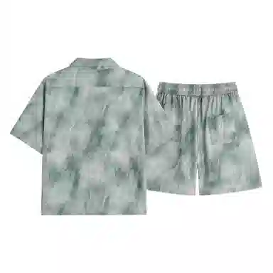 大卫贝肯 美式复古高品质重磅潮流薄款冰丝油墨晕染斑驳设计感格子百搭翻领落肩短袖衬衫搭基础款五分裤宽松休闲运动套装 男女同款