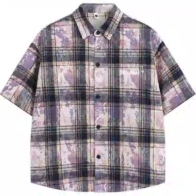 零氏 美式复古扎染刺绣格子薄款宽松休闲高级感痞帅短袖衬衫 男女同款