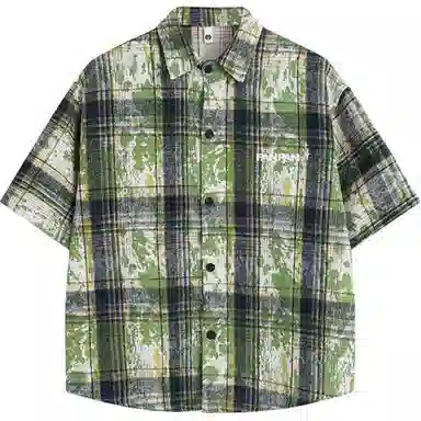 零氏 美式复古扎染刺绣格子薄款宽松休闲高级感痞帅短袖衬衫 男女同款