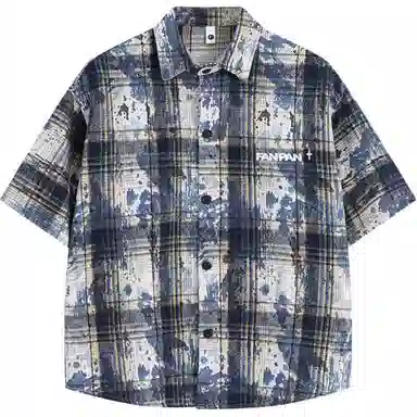 零氏 美式复古扎染刺绣格子薄款宽松休闲高级感痞帅短袖衬衫 男女同款