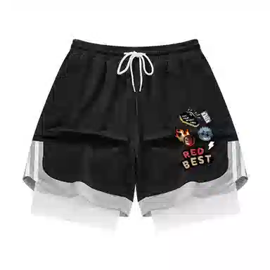 红蜻蜓 美式复古高街假两件拼色舒适宽松百搭日常潮流时尚简约直筒休闲短裤 男女同款