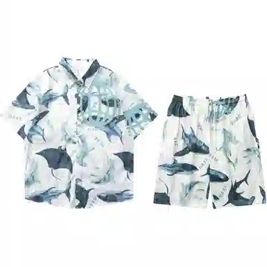 零氏 夏季宽松潮牌流行短袖两件套印花休闲翻领衬衣沙滩裤衬衫套装 男女同款