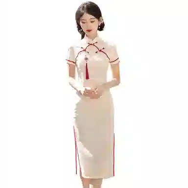 水中花 新中式复古温柔优雅气质时尚百搭简约收腰显瘦短袖连衣裙 女款