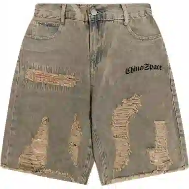 中国航天 重工水洗做旧擦脏破洞高街直筒宽松五分牛仔短裤 男女同款 黄泥色